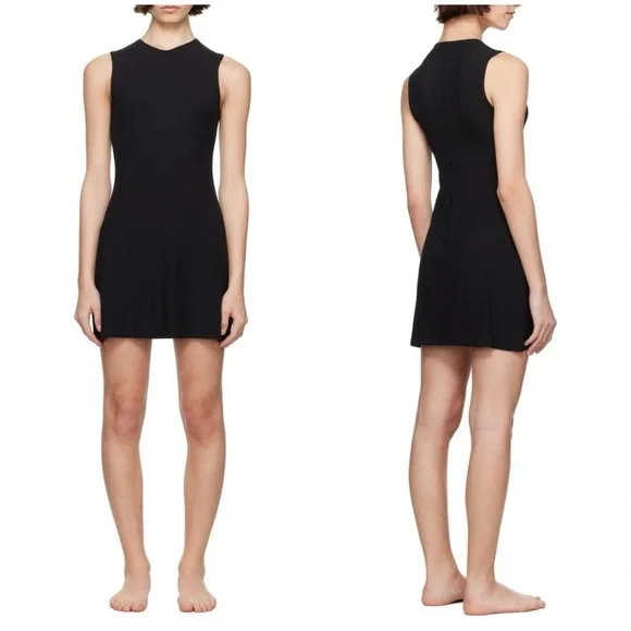 New Skims Black Soft Lounge V Neck Tank Mini Dress Rib Knit Sz L - Picture 1 of 12
